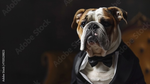 Close-up of English bulldog in a tuxedo on a red background