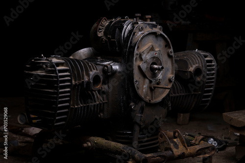 Old gasoline engine from a motorcycle on a black background photo