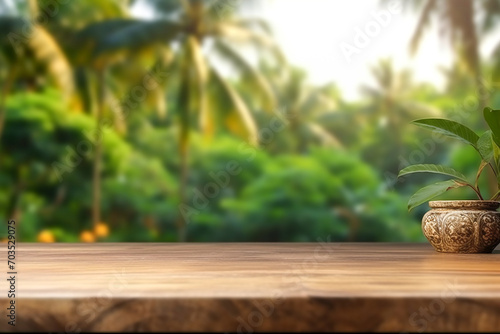 Blurred tropical nature background with green lush foliage vegetation jungle plants palm tree leaves with empty plank wood table in the forefront for product placement presentation