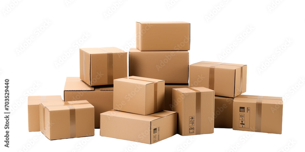 Various cardboard boxes for shipping, isolated, white background, mockup