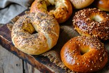Close-up of various fresh delicious bagels