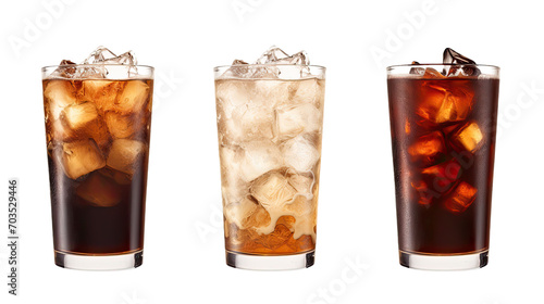 Three glasses with delicious iced coffee and ice cubes, isolated 