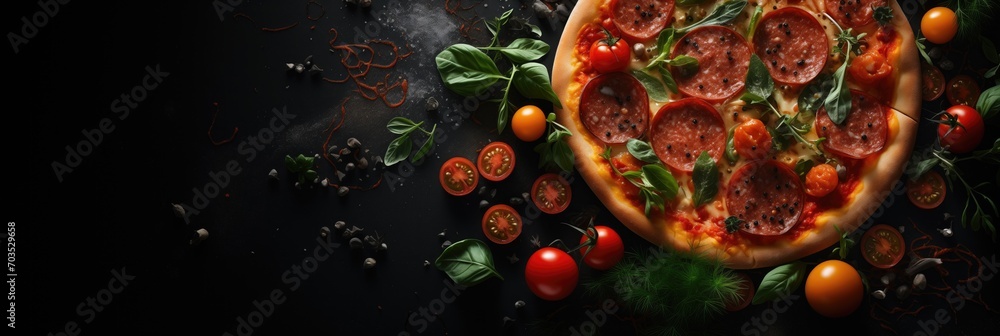 Fototapeta premium hot pizza with pepperoni and tomatoes on a black background, with copy space, fastfood, generative ai, red and green