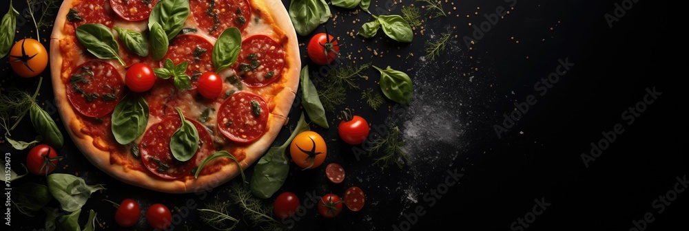 hot pizza with pepperoni and tomatoes on a black background, with copy space, fastfood, generative ai, red and green
