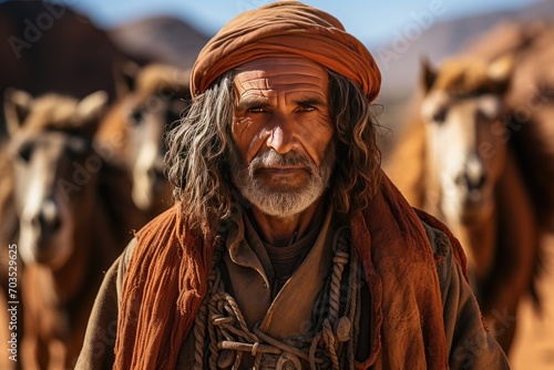 Berber man leading camel caravan. A man leads two camels through the desert. Man wearing traditional clothes on the desert sand, photo
