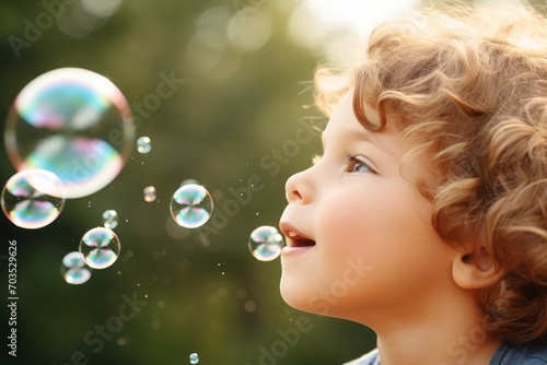 Close-up of a child blowing soap bubbles