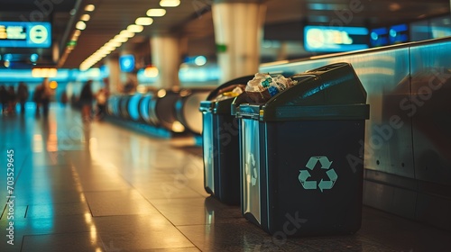 Bustling public transportation hub during peak hours with clearly marked recyclable waste stations and eco-friendly practices in place.