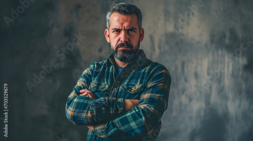 Offended angry caucasian older man with arms crossed looking at camera isolated background. Conflict anger concept photo