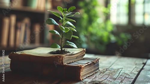 A vibrant plant sprouting from the open pages of a book, symbolizing the concept of learning, knowledge, and intellectual growth leading to personal development.