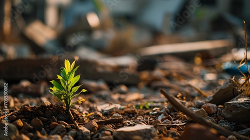 A resilient small green plant with fresh leaves sprouting from a pile of gray rubble, symbolizing hope and the power of nature amidst destruction.