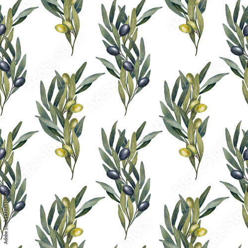 Seamless pattern with hand drawn watercolor olive tree leaves  branch  green and black olives fruit. floral illustration for fabrics  kitchen textiles  wallpapers  print.