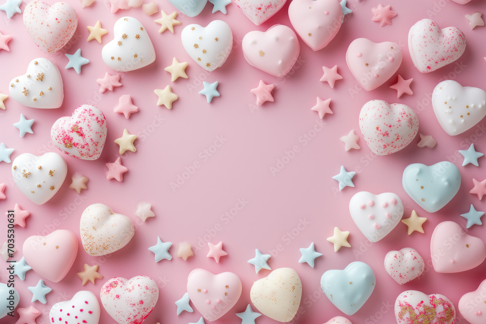 Colorful hearts and stars on a pink background. Generative AI Colorful hearts and stars on a pink background. Generative AI