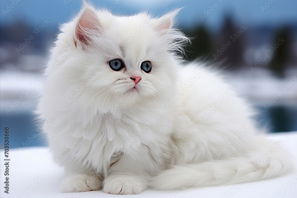 A white kitten on white snow close-up looks into the distance