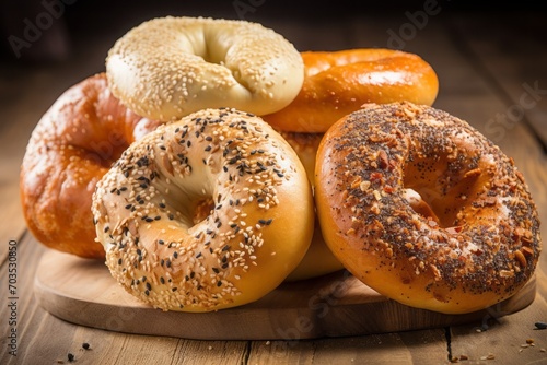 Close-up of various fresh delicious bagels