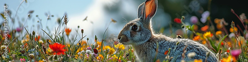 Osterhase im Feld mit Blumen und Schmetterlingen, Panoramabanner.  photo