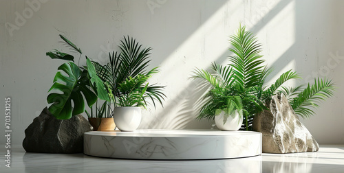 Elegant White Product Podium with Tropical Monstera and Fern Leaves for Cosmetic Branding on a Minimalist Background © Bartek