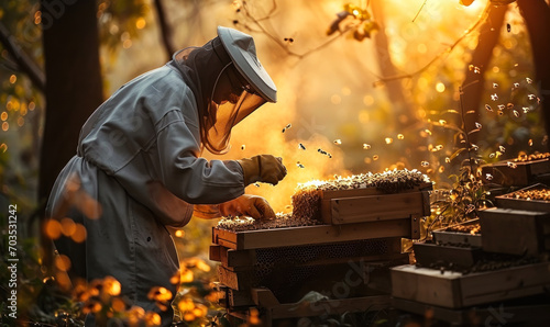 Beekeeper in Protective Suit Tending to Bees in Hives Amidst a Golden Lit Forest, Showcasing Apiculture and Natural Beekeeping © Bartek