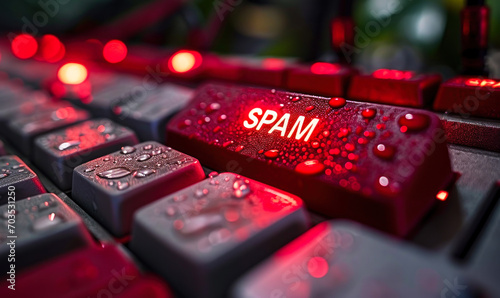 Red SPAM Alert Button on a Keyboard Illustrating Cybersecurity Threats and Email Filtering Concepts in a Digital Communication Setting photo