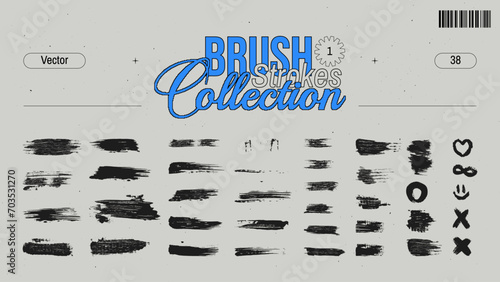 Grunge black brush strokes. Set of horizontal grungy smears and shapes, dry paint or distress texture, ink lines. Dirty hand drawn elements for graphic design.