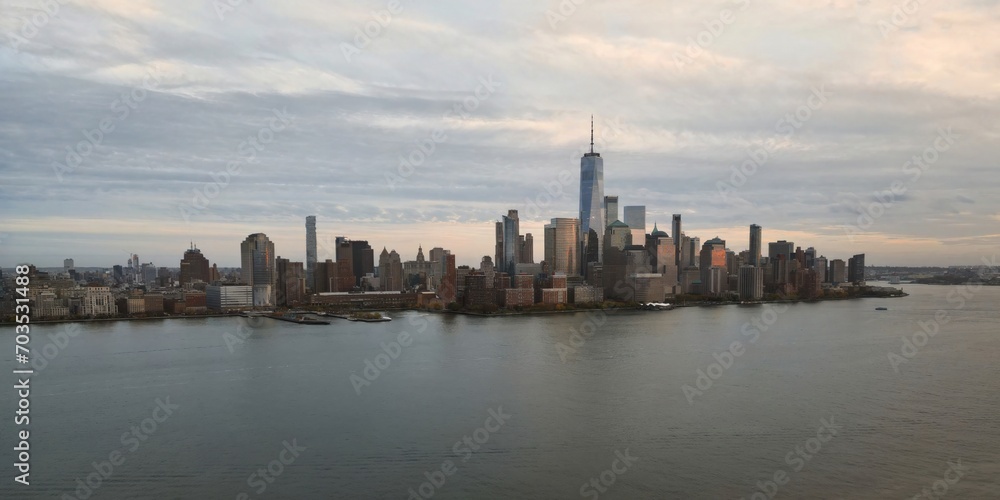 New York skyline. Manhattan view from New Jersey, New York skyscraper. Aerial view of Big Apple. New York panorama from Hudson. Cityscape landmark. Lower Manhattan NY.