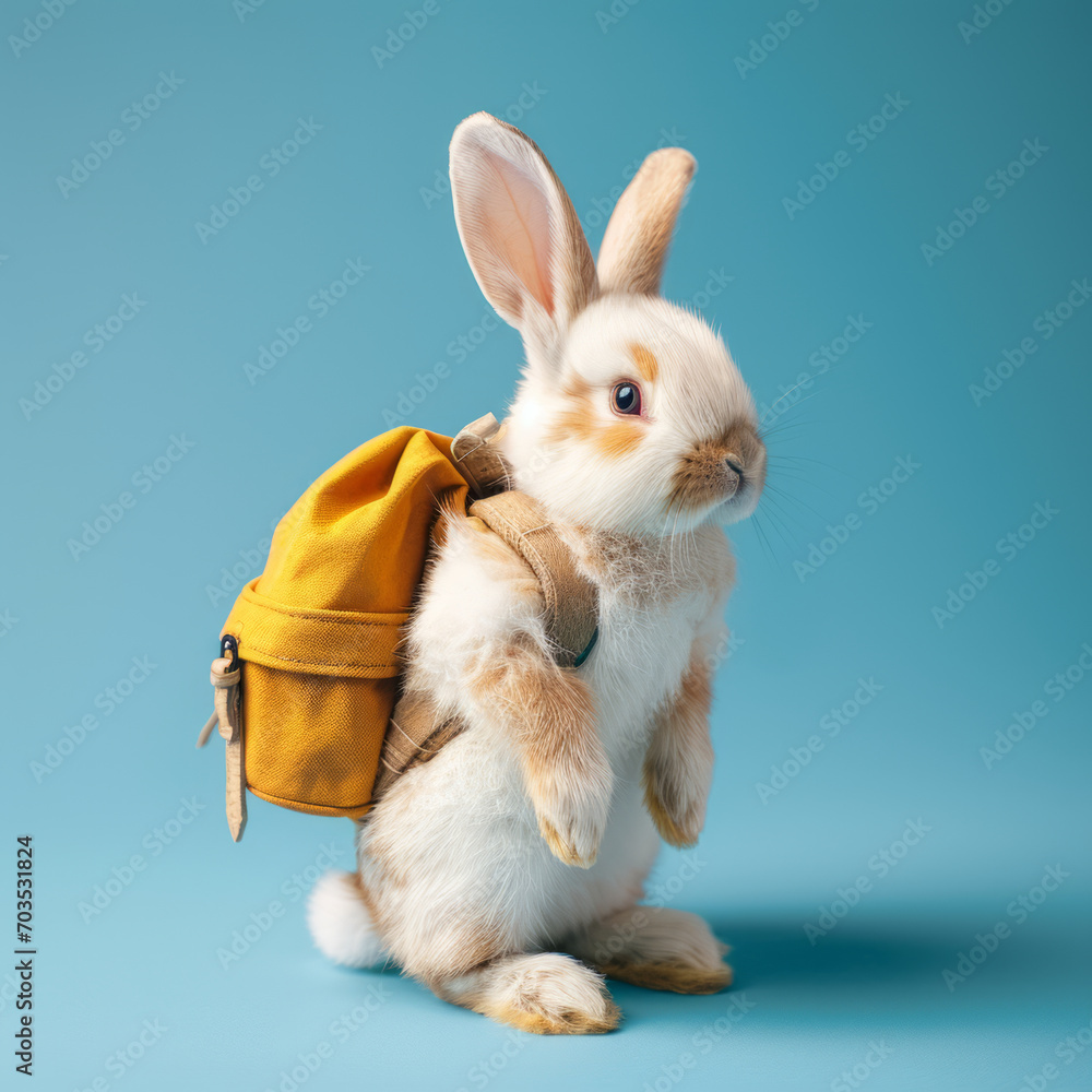 Cute little bunny wearing a backpack is ready for school, minimal pastel blue background. Easter holiday education ideas - obrazy, fototapety, plakaty 