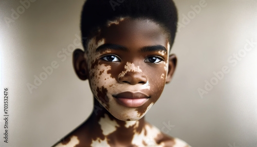 An African boy with Vitiligo, close up portrait. Vitiligo is a chronic autoimmune disorder that causes patches of skin to lose pigment or color photo