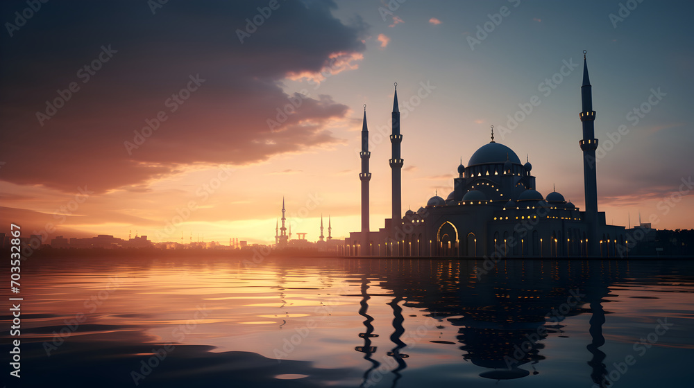 view of mosque with sunset, ramadan