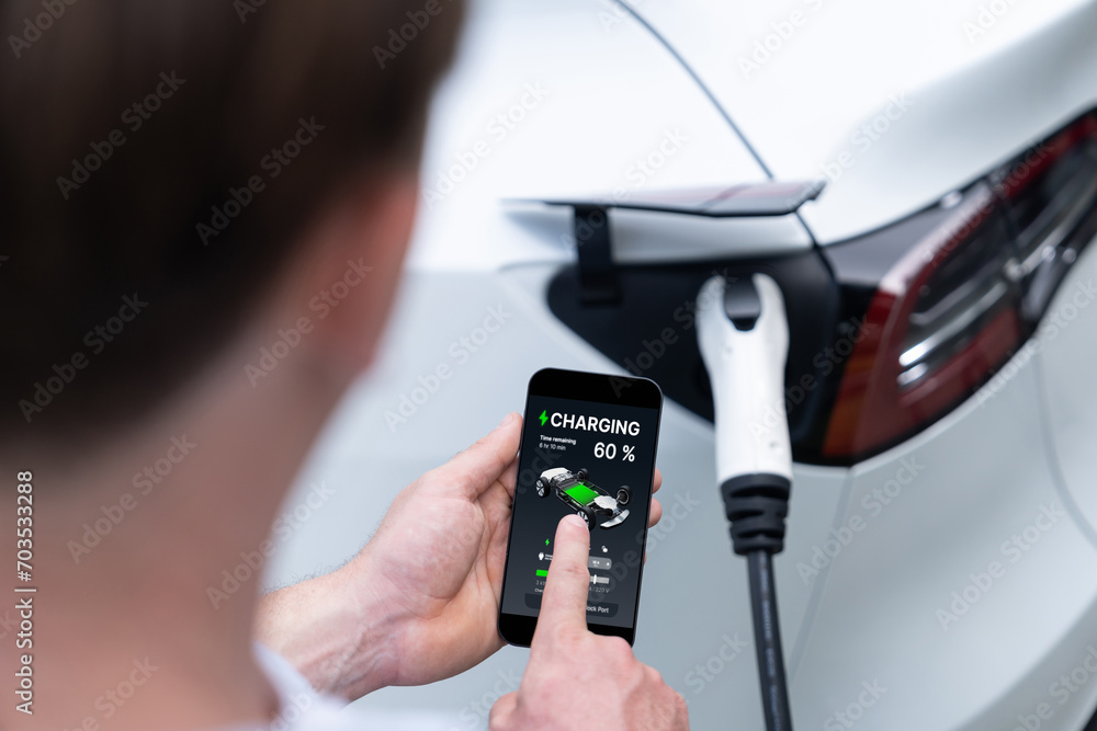 Modern ecofriendly man recharging electric vehicle from EV charging
