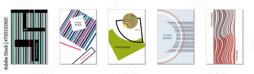 Geometric cover design, set of 5 covers. Abstract unusual background in Memphis style. Bright geometric shapes in random order