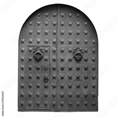 Wooden door with iron fittings on transparent background. Typical architecture of medieval Europe.
