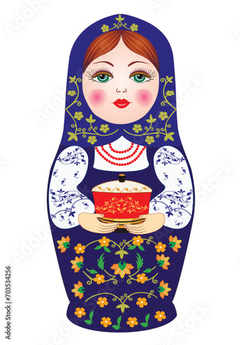 Isolated beautiful Russian matryoshka. Wooden doll in a blue scarf and dress. Floral pattern. He holds a beautiful souvenir box in his hands. Present. Sample. Vector 