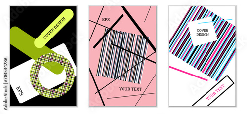 Geometric cover design, set of 3 covers. Abstract unusual background in Memphis style. Bright geometric shapes in random order