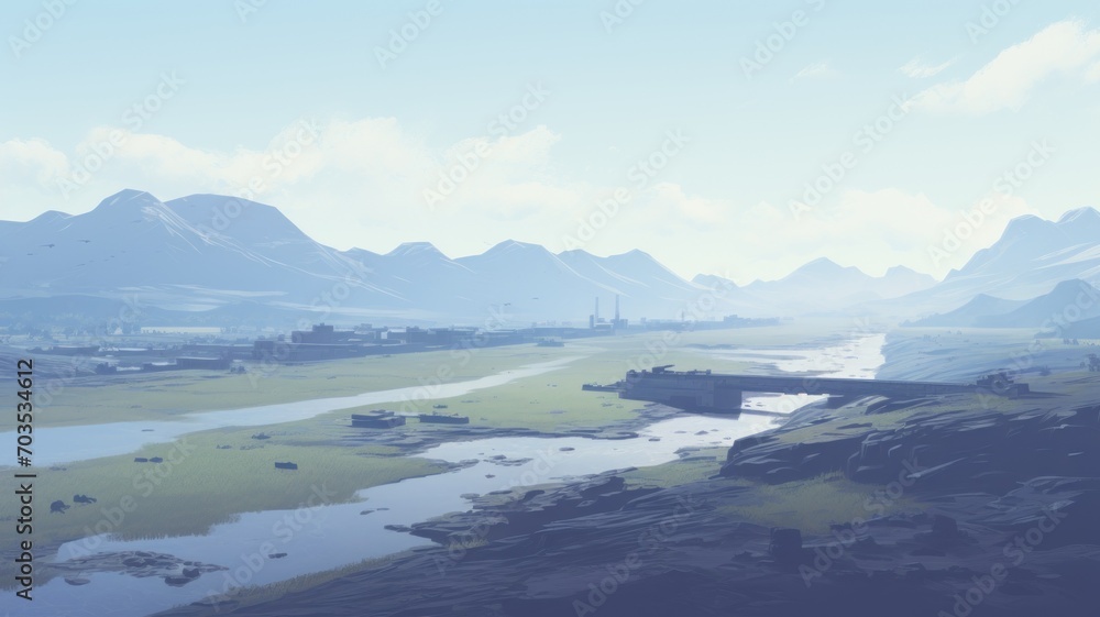 view of the river and mountains. Digital made background. Generative AI
