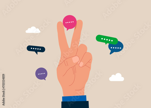 Peace hand gesture sign with speech bubble in fingers. Modern vector illustration in flat style. 
