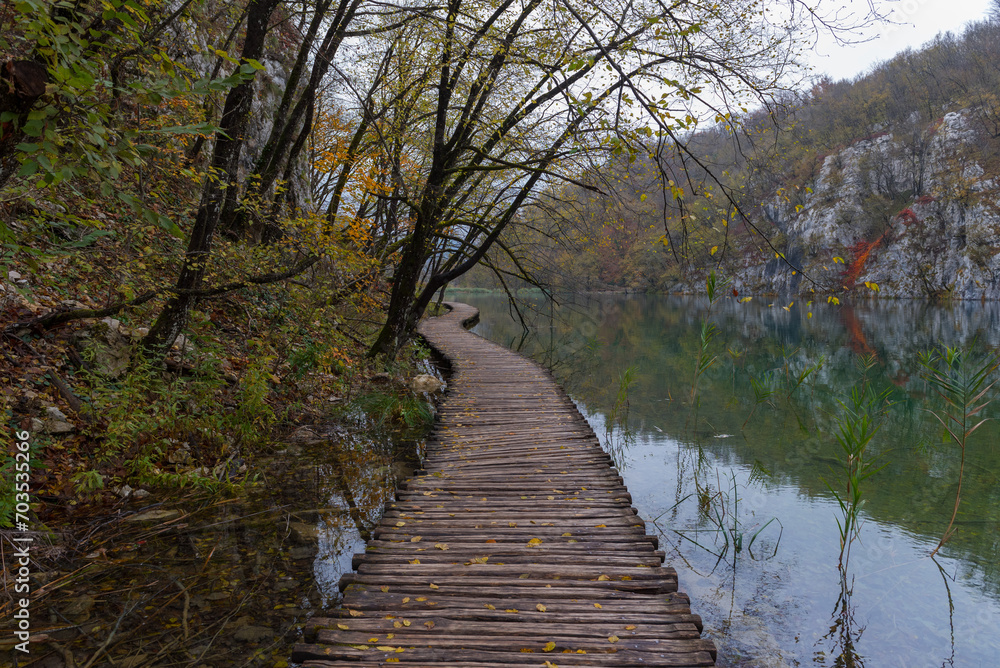 Plitvice Lakes National Park in Croatia. Paths between the azure green lakes Plitvice Lakes National Park in Croatia. Paths between the azure green lakes