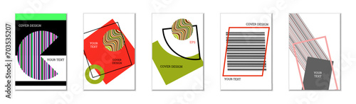 Geometric cover design, set of 5 covers. Abstract unusual background in Memphis style. Bright geometric shapes in random order