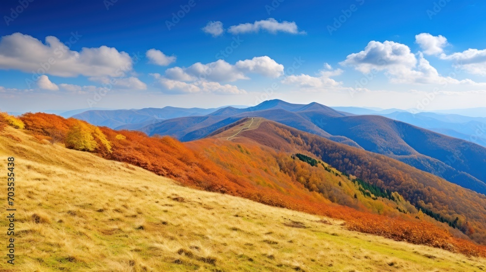 autumn landscape in mountains. Drone view of autumn trees. Generative AI