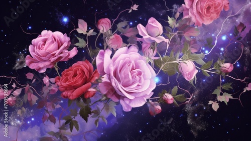 pink roses on a dark background. Generative AI