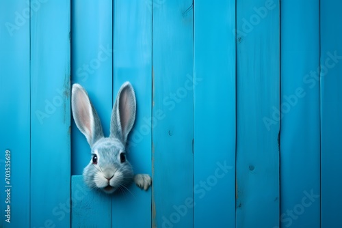 Easter bunny rabbit peeps out of the blue wall.