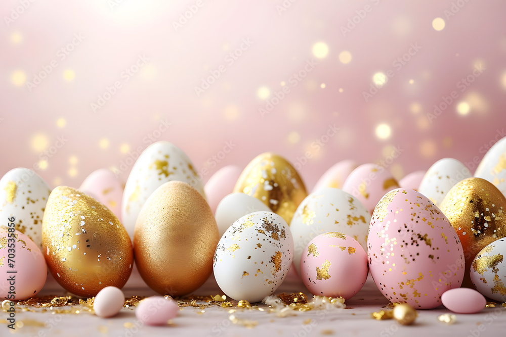 Easter greeting background with golden and pink Easter eggs.