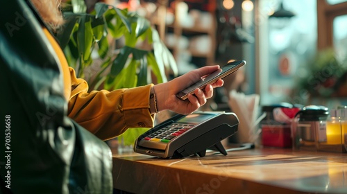 Persons hand holding a smartphone near a payment terminal, indicating a contactless payment transaction in progress, symbolizing modern, cashless, and secure purchasing methods.