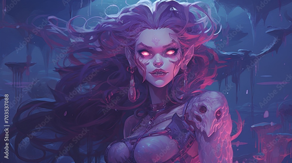 halloween vampire girl with hair. Purple digital made illustration. Beautiful 4K Background. Generative AI