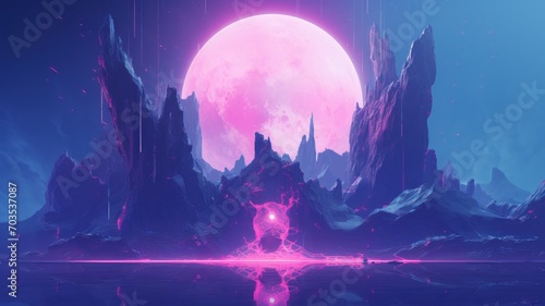 landscape with moon and snow. Purple digital made illustration. Beautiful 4K Background. Generative AI