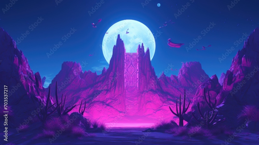 landscape with moon. Beautiful 4K purple Background. Digital Illustration. Generative AI
