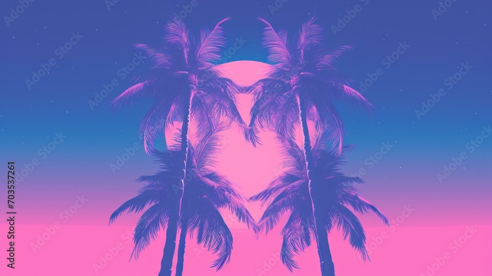silhouette of palm tree. Beautiful 4K purple background. Digital made landscape. Generative AI