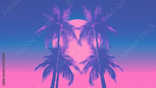 silhouette of palm tree. Beautiful 4K purple background. Digital made landscape. Generative AI © ArtSpree