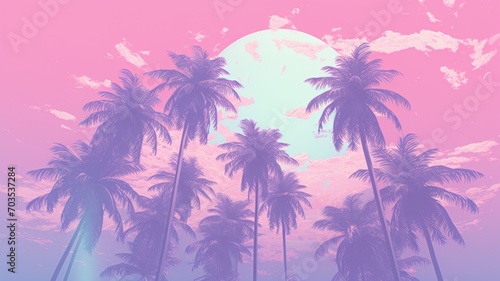 palm trees and flowers. Beautiful 4K purple background. Digital made landscape. Generative AI