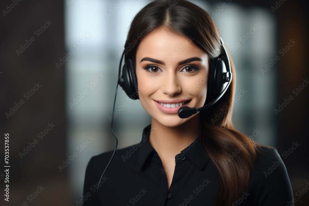 The photo showcases a poised Scandinavian call center employee with a headset, smiling with warmth and professionalism. The photo showcases a poised Scandinavian call center employee with a headset, smiling with warmth and professionalism.