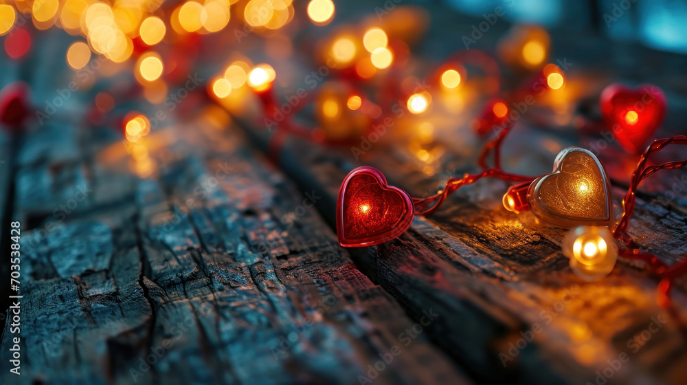 Glowing Affection Heart-Shaped Lights on Rustic Wood Glowing Affection Heart-Shaped Lights on Rustic Wood