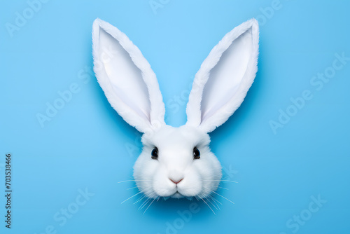 White rabbit face on blue background for Easter Day. © Pacharee
